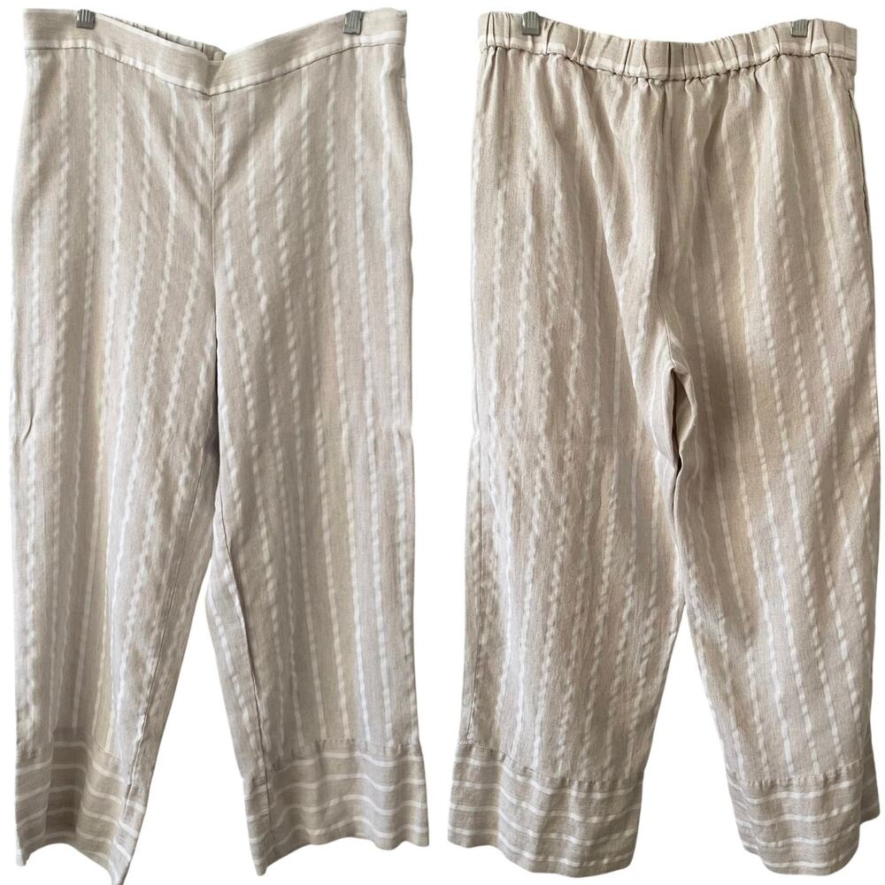 LOFT Cream Striped Wide Leg Cropped Linen Blend Pants Size Medium Coastal Boho